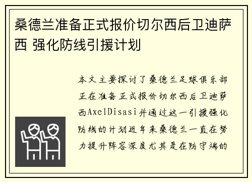 桑德兰准备正式报价切尔西后卫迪萨西 强化防线引援计划
